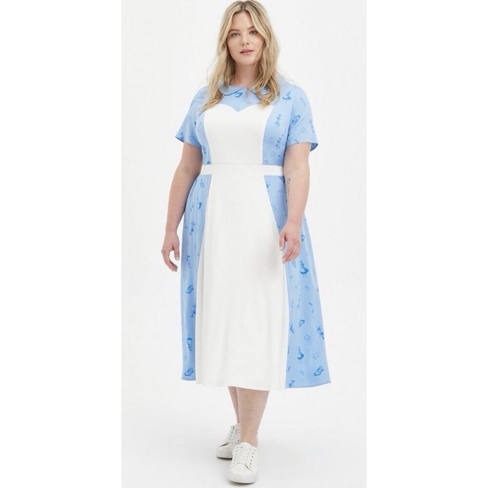 NWT Torrid Disney Alice in Wonderland Blue/White A-Line Midi Dress Size 00 / 10